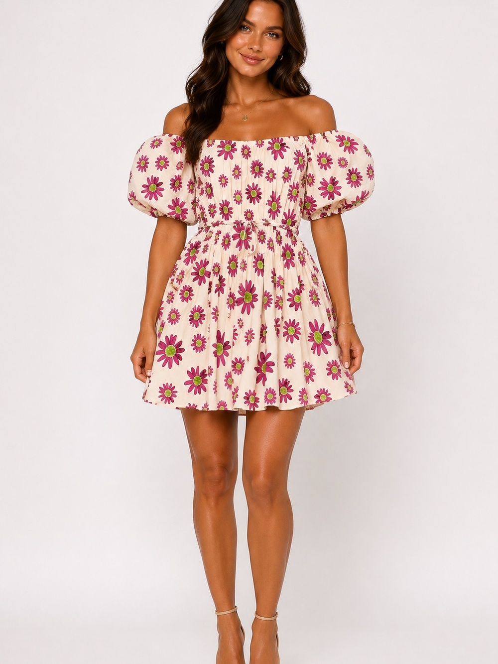 &Merci Floral Puff Sleeve Off Shoulder Mini Dress Small Purple Daisy Cottagecore